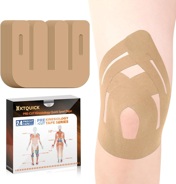 PreCut Kinesiology Tape for Knees, 12PCS Upgraded Waterproof KTQUICK Knee Tape for Knee Pain Relief Pre Cut, Original Cotton Athletic Knee Tape, Waterproof&Hypoallergenic Latex-Free for Sports (Black)