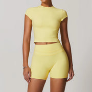 mikeyoga 2PCS Yoga Set Women Sportswear Workout Clothes Athletic Wear Gym Legging Fitness Bra Crop Top Short Sleeves Sports Suit