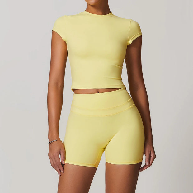 mikeyoga 2PCS Yoga Set Women Sportswear Workout Clothes Athletic Wear Gym Legging Fitness Bra Crop Top Short Sleeves Sports Suit