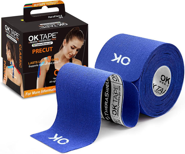 OK TAPE Kinesiology Tape 10 inches Precut, 20 Strips, Cotton Elastic Athletic Tape Latex Free, 2in x 16ft, Black