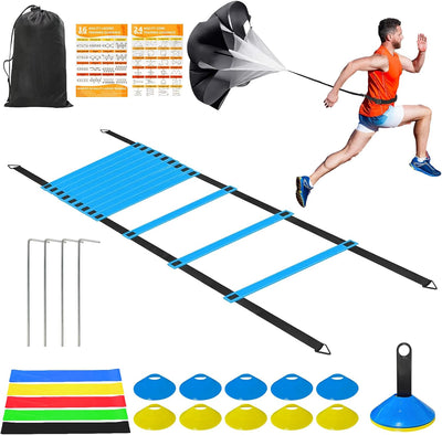 Speed Agility Training Equipment Set - 20ft Agility Ladder, 10 Disc Cones, Resistance Parachute, 5 Resistance Bands & Carry Bag | Football Soccer Basketball Fitness Drills for Kids Adults