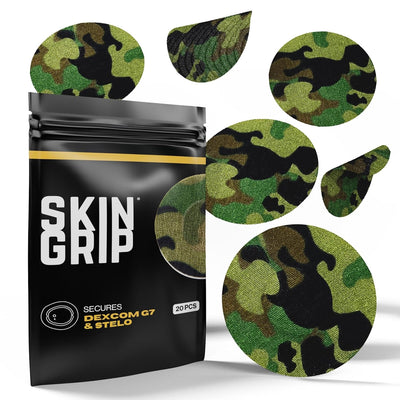 Skin Grip Adhesive Patches Compatible with Dexcom G7 & Stelo CGM – Waterproof & Sweatproof Cover for Continuous Glucose Monitor Sensor, Stays Secure for 10-15 Days – 20 Pack, Camo