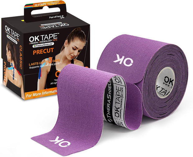 OK TAPE Kinesiology Tape 10 inches Precut, 20 Strips, Cotton Elastic Athletic Tape Latex Free, 2in x 16ft, Black