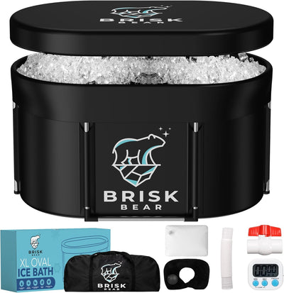 XL Oval Ice Bath Tub for Athletes with Cover by Brisk Bear - Extra Large Cold Plunge Tub for Recovery - Ice Bath Plunge Pool with Digital Timer - Cold Plunge to Soothe Muscles - Black Ice Tub