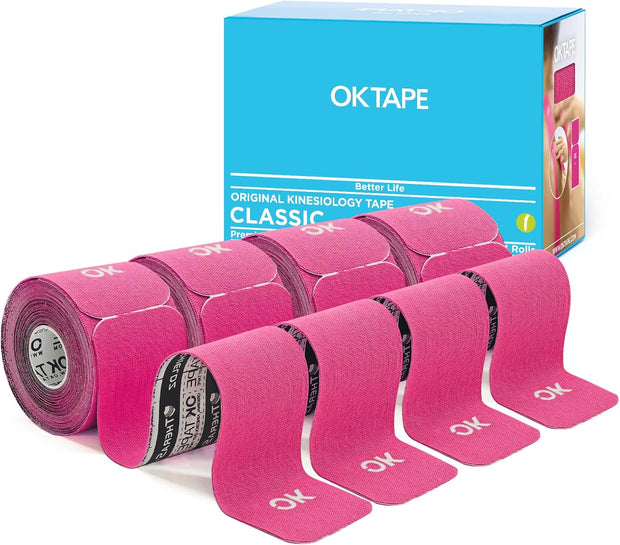 OK TAPE 4 Rolls Kinesiology Tape Precut, Cotton Elastic Athletic Tape Latex Free,20 Strips per Roll 2in x 16ft,Muscle Support,Mixcolor