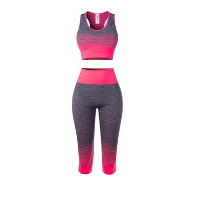 Women's Super Elastic Seamless Gradual Change of Color Sports Bra Cropped Pants Fitness Suit Yoga Suit Set