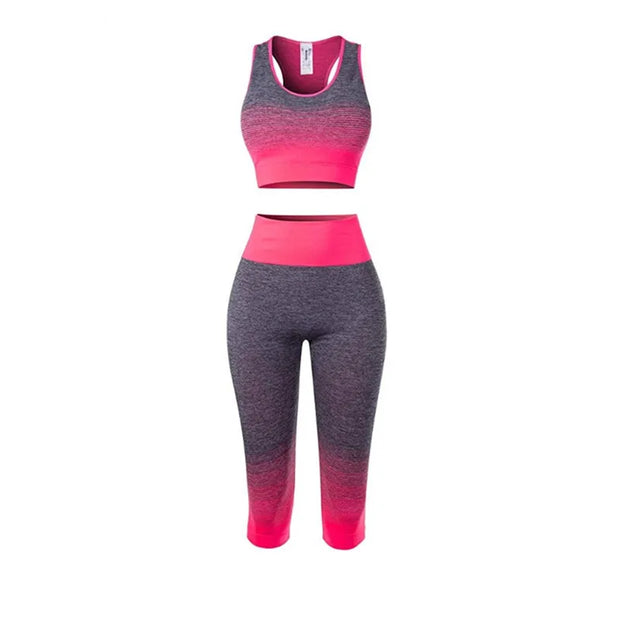 Women's Super Elastic Seamless Gradual Change of Color Sports Bra Cropped Pants Fitness Suit Yoga Suit Set
