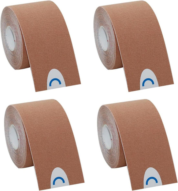 OBTANIM 4 Rolls Waterproof Breathable Kinesiology Tape, Athletic Elastic Kneepad Muscle Pain Relief Knee Taping for Gym Fitness Running Tennis Swimming Football (Black, Skin, Pink, Light Blue)