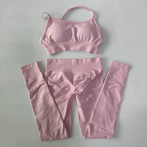 No Logo Seamless Yoga Set 2 Pieces Women Workout Set Scrunch Leggings Backless Sports Bra Fitness Top Gym Pants Clothes