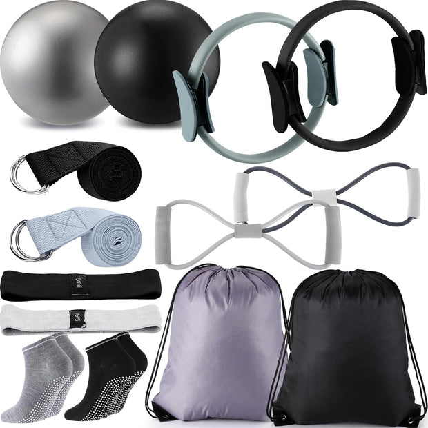 Poen Home Pilates Kit for Women Pilates Equipment Ring and Ball Set with Stretching Strap 8 Resistance Bands Non Slip Socks Gym Back Bags Exercise Equipment for Workout