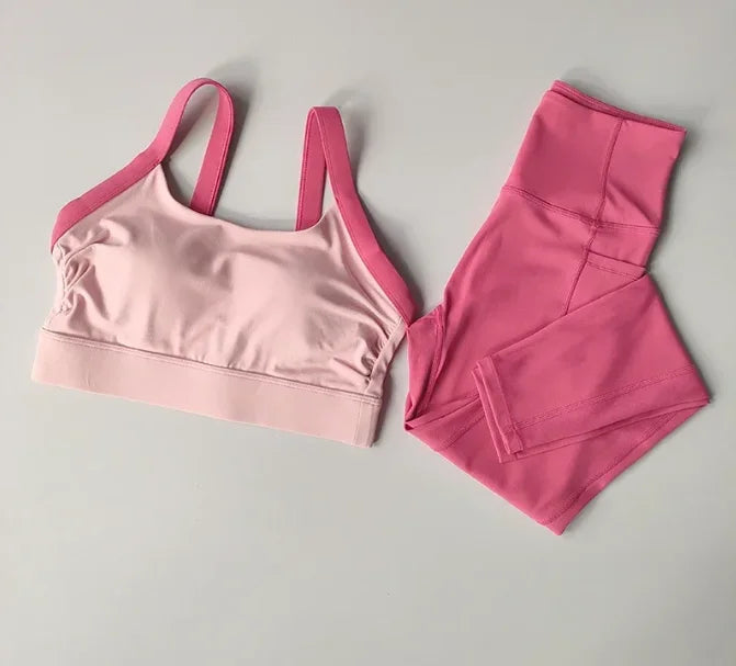 High Intensity Color Blocking Cross Back Integrated Yoga Set 2PCS Sports Underwear High Waist and Hip Lifting Fitness Leggings