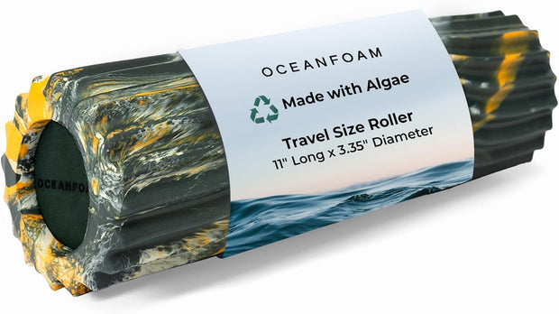 Oceanfoam Ripple Travel Foam Roller (11" x 3.35") Firm Mini Foam Roller for Physical Therapy, Deep Tissue Massage, Back Pain - High Density, Ergonomic Wave Textured - Yoga, Exercise (Black Marbled)
