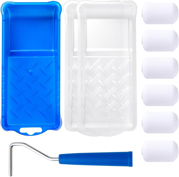 Mister Rui Foam Paint Roller, 8 Pack 4 Inch Paint Roller Kit, Complete 4" Mini Paint Roller Kit with Small Foam Paint Roller Covers, Frame, Tray and Liner for Professional Painting Results