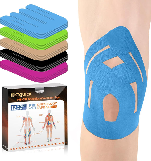 PreCut Kinesiology Tape for Knees, 12PCS Upgraded Waterproof KTQUICK Knee Tape for Knee Pain Relief Pre Cut, Original Cotton Athletic Knee Tape, Waterproof&Hypoallergenic Latex-Free for Sports (Black)