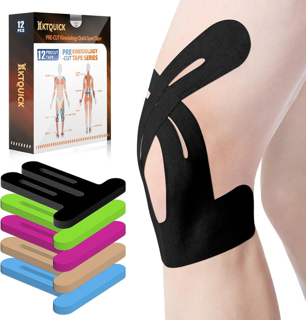 PreCut Kinesiology Tape for Knees, 12 PCS Waterproof KTQUICK Knee Tape for Knee Pain Relief Pre Cut, Original Cotton Athletic Knee Tape, Waterproof & Hypoallergenic Latex-Free for Sports (Black)