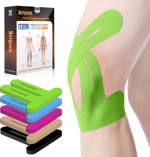 PreCut Kinesiology Tape for Knees, 12 PCS Waterproof KTQUICK Knee Tape for Knee Pain Relief Pre Cut, Original Cotton Athletic Knee Tape, Waterproof & Hypoallergenic Latex-Free for Sports (Black)