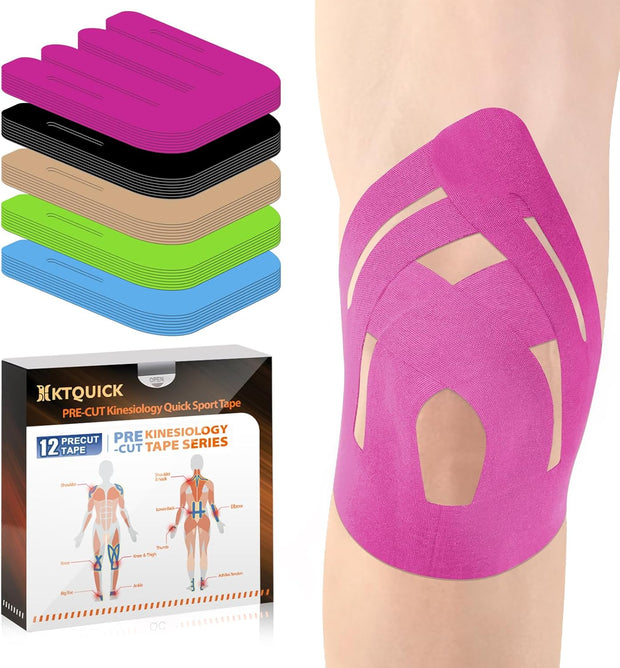 PreCut Kinesiology Tape for Knees, 12PCS Upgraded Waterproof KTQUICK Knee Tape for Knee Pain Relief Pre Cut, Original Cotton Athletic Knee Tape, Waterproof&Hypoallergenic Latex-Free for Sports (Black)