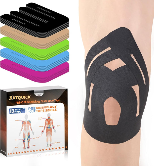 PreCut Kinesiology Tape for Knees, 12PCS Upgraded Waterproof KTQUICK Knee Tape for Knee Pain Relief Pre Cut, Original Cotton Athletic Knee Tape, Waterproof&Hypoallergenic Latex-Free for Sports (Black)