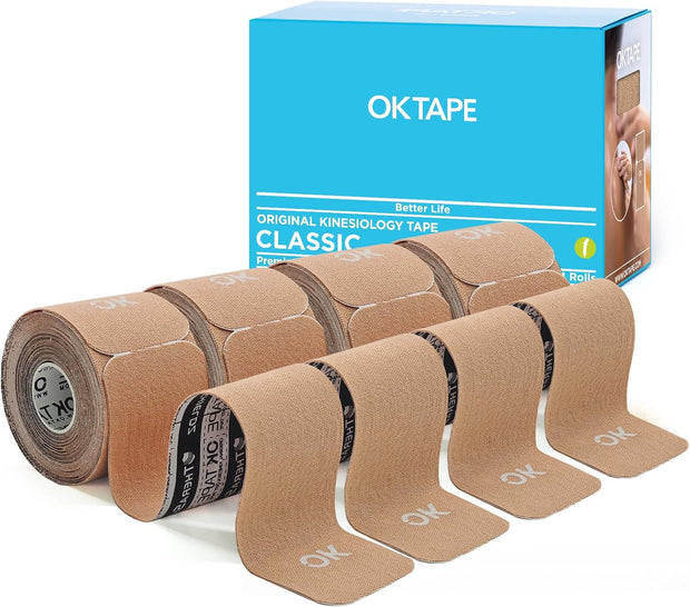 OK TAPE 4 Rolls Kinesiology Tape Precut, Cotton Elastic Athletic Tape Latex Free,20 Strips per Roll 2in x 16ft,Muscle Support,Mixcolor