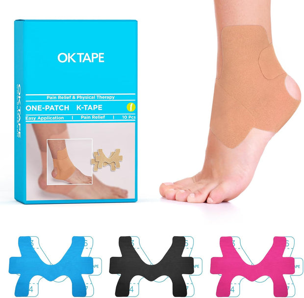 OK TAPE Precut Kinesiology Ankle Tape, 10 Pcs, Pain Relief, Prevent Ankle Sprain, Provide Support for Ankle Ligament, Elastic Athletic Tape, Breathable K Tape for Daily use - Black