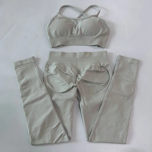 No Logo Seamless Yoga Set 2 Pieces Women Workout Set Scrunch Leggings Backless Sports Bra Fitness Top Gym Pants Clothes