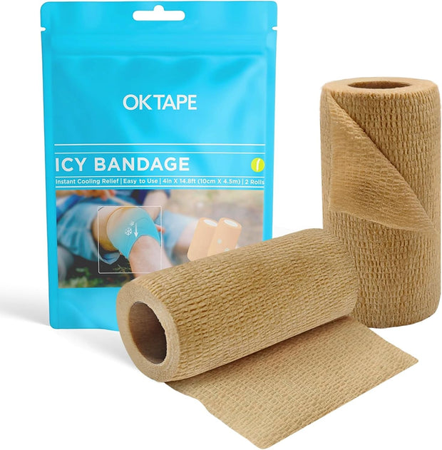 OK TAPE 2 Rolls Ice Self Stick Bandage Wrap, Instant Cold Relief for Knee, Ankle, Wrist, Cold Compress Elastic Athletic Tape for Sports Injuries, No Refrigeration Needed, 4 Inch Wide, Navy Blue