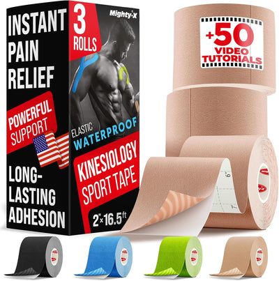 Waterproof Kinesiology Tape - 3 Rolls - Knee Support & Muscle Pain Relief - 16.4 ft Uncut Sports Kinetic Tape for Joint Stability - 50 Instructional Videos