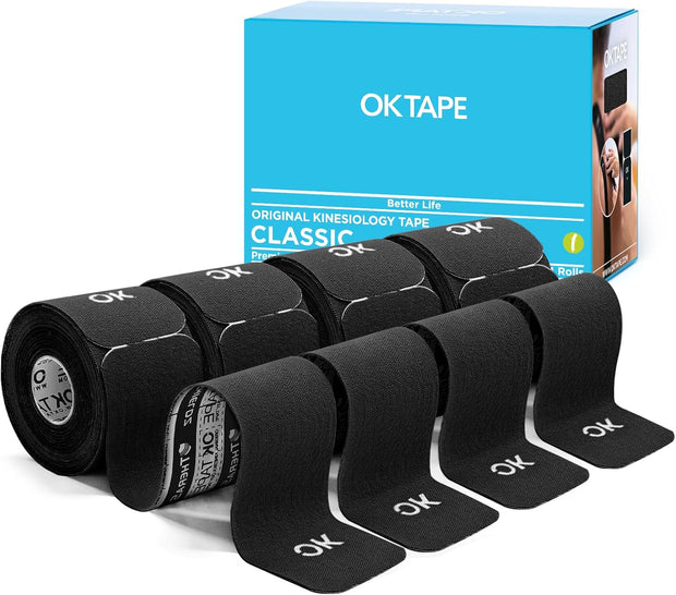 OK TAPE 4 Rolls Kinesiology Tape Precut, Cotton Elastic Athletic Tape Latex Free,20 Strips per Roll 2in x 16ft,Muscle Support,Mixcolor