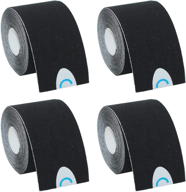 OBTANIM 4 Rolls Waterproof Breathable Kinesiology Tape, Athletic Elastic Kneepad Muscle Pain Relief Knee Taping for Gym Fitness Running Tennis Swimming Football (Black, Skin, Pink, Light Blue)