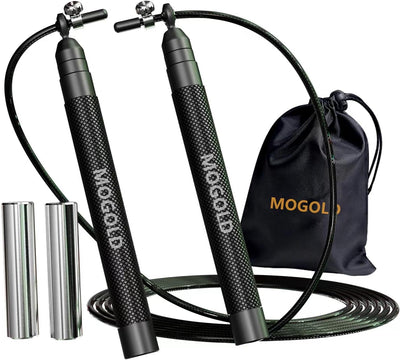 speed jump rope incl. 2 PVC Steel Cables 2.0mm/3.0mm| Ideal for Crossfit, Fitness, Boxing and Easy Double Under | Metal Jump Rope with Weights for Fitness Women and Men Premium Bearing Balls | Carry Pouch&Spare Screws