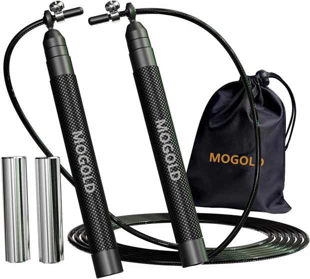 speed jump rope incl. 2 PVC Steel Cables 2.0mm/3.0mm| Ideal for Crossfit, Fitness, Boxing and Easy Double Under | Metal Jump Rope with Weights for Fitness Women and Men Premium Bearing Balls | Carry Pouch&Spare Screws