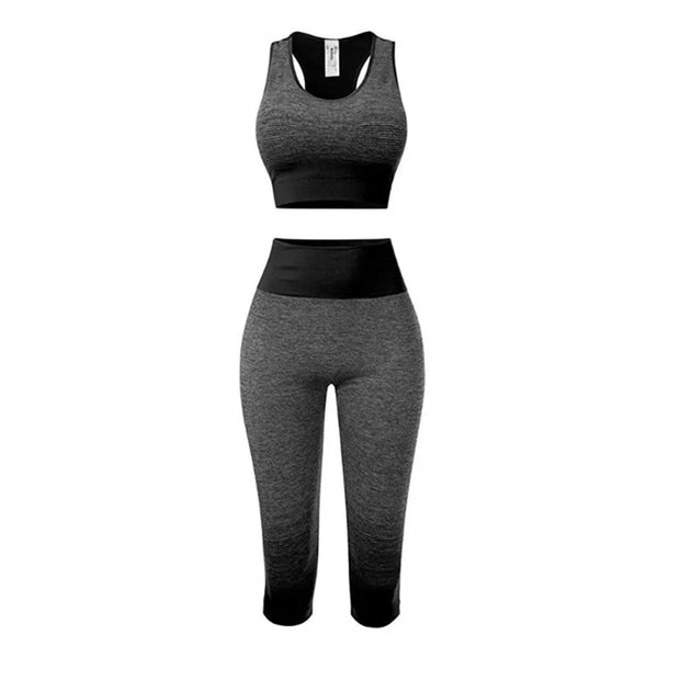 Women's Super Elastic Seamless Gradual Change of Color Sports Bra Cropped Pants Fitness Suit Yoga Suit Set