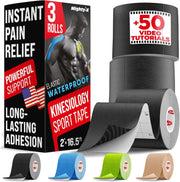 Waterproof Kinesiology Tape - 3 Rolls - Knee Support & Muscle Pain Relief - 16.4 ft Uncut Sports Kinetic Tape for Joint Stability - 50 Instructional Videos