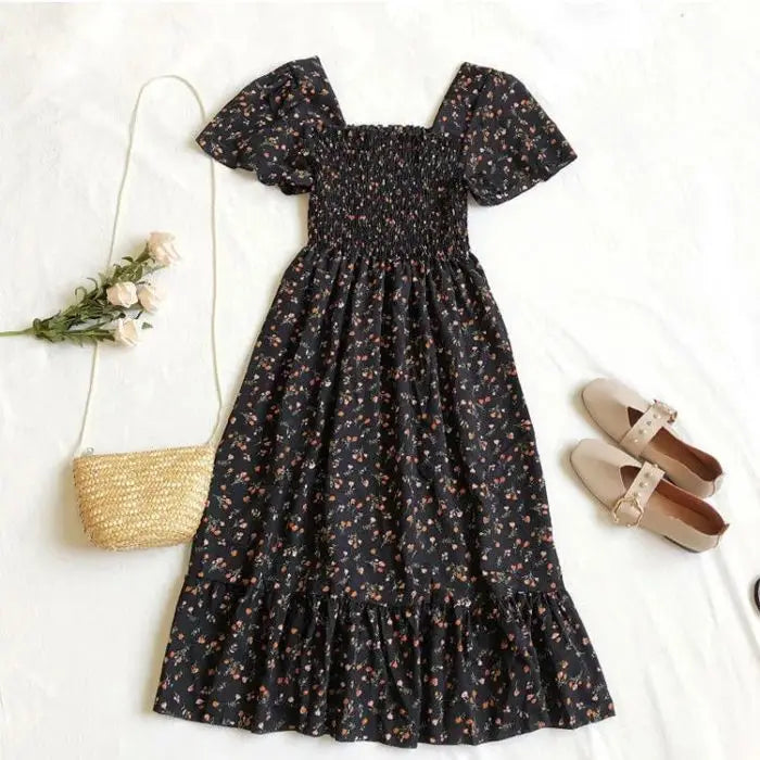 2025 Spring Summer New Dress Women Mini Dresses Female Short Sleeve Elastic Bust Printed Floral Pleated Backless Casual Dress