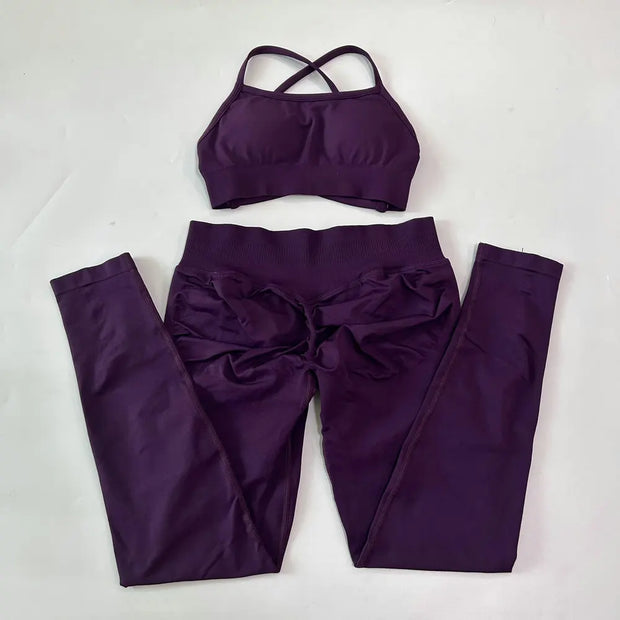 No Logo Seamless Yoga Set 2 Pieces Women Workout Set Scrunch Leggings Backless Sports Bra Fitness Top Gym Pants Clothes