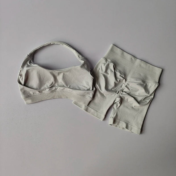 Sexy Halter Neck Beautiful Back High Waist Peach Sports Bras Shorts Suit Pilates Gathering Yoga Vest Training Fitness Bra Sets