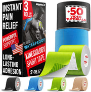 Waterproof Kinesiology Tape - 3 Rolls - Knee Support & Muscle Pain Relief - 16.4 ft Uncut Sports Kinetic Tape for Joint Stability - 50 Instructional Videos