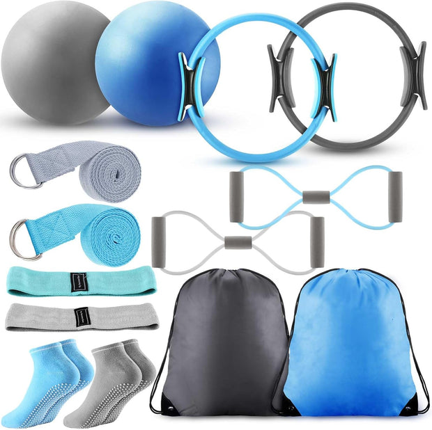 Poen Home Pilates Kit for Women Pilates Equipment Ring and Ball Set with Stretching Strap 8 Resistance Bands Non Slip Socks Gym Back Bags Exercise Equipment for Workout