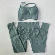 No Logo Seamless Yoga Set 2 Pieces Women Workout Set Scrunch Leggings Backless Sports Bra Fitness Top Gym Pants Clothes