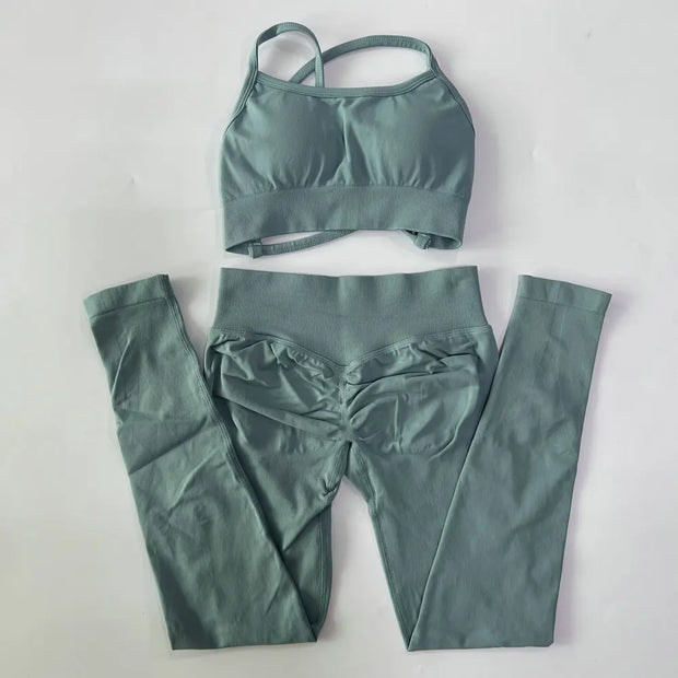 No Logo Seamless Yoga Set 2 Pieces Women Workout Set Scrunch Leggings Backless Sports Bra Fitness Top Gym Pants Clothes