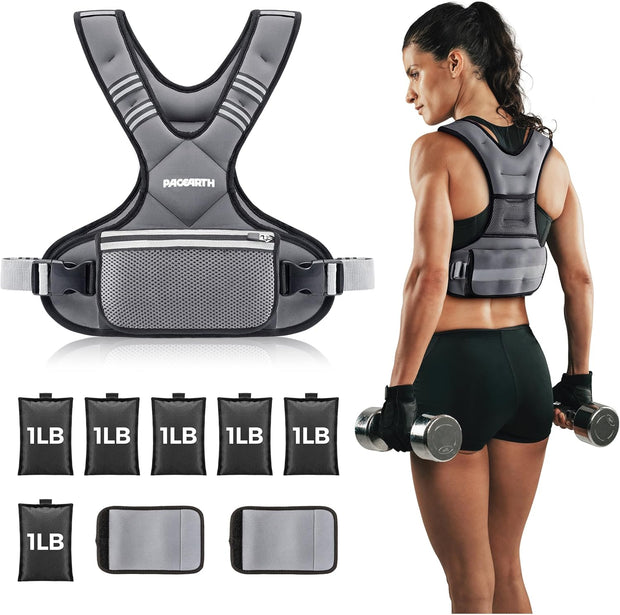 PACEARTH Adjustable Weight Vest 4-10lbs / 11-20lbs / 20-32lbs X-Shape Weighted Vest for Women and Men, Home Workout Ironsand Vest with Zipper Pouch and 6 Weight Packs, Available in Pink, Gray, Black