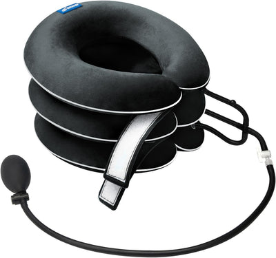 S Cervical Neck Traction Device for Neck Pain Relief - Inflatable Neck Stretcher Collar for Decompression - Best Home Use Neck Brace Pump (Black Plush)