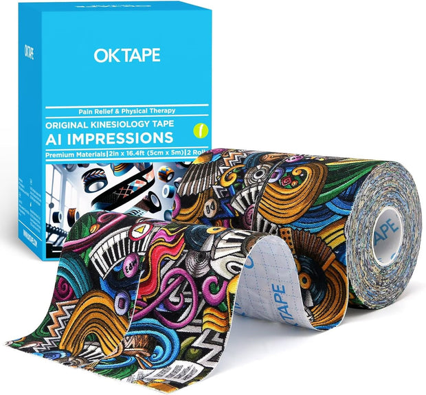 OK TAPE Hypoallergenic Digtal Printed Kinesiology Tape, Elastic Sports Athletic Tape, 2 Rolls, 2in×16.4ft Uncut Roll-DIY
