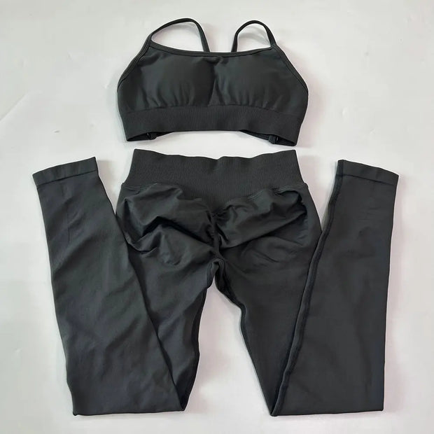 No Logo Seamless Yoga Set 2 Pieces Women Workout Set Scrunch Leggings Backless Sports Bra Fitness Top Gym Pants Clothes