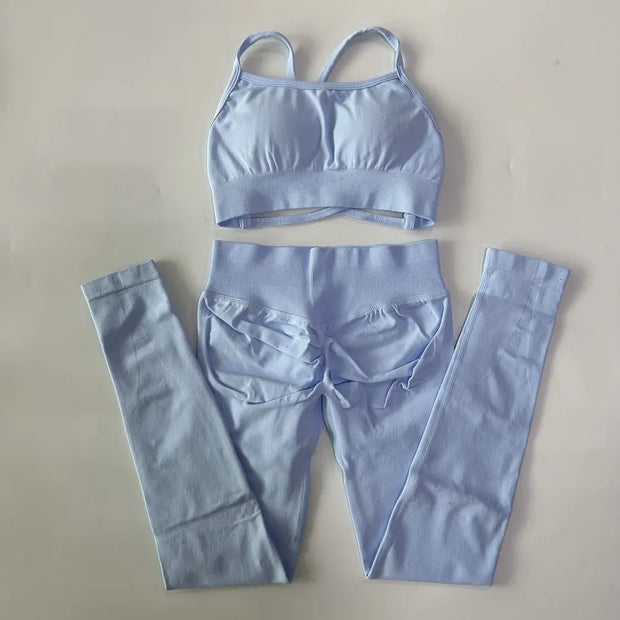 No Logo Seamless Yoga Set 2 Pieces Women Workout Set Scrunch Leggings Backless Sports Bra Fitness Top Gym Pants Clothes