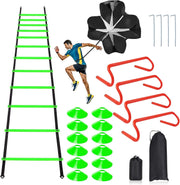 Speed & Agility Ladder Training Equipment Set, Includes 12 Rung 20ft Agility Ladder, 4 Agility Hurdles,12 Disc Cones, 1 Resistance Parachute for Training Football Soccer Basketball Athletes